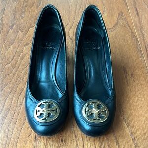 Tory Burch Black Gold Heels with Signature Medallion